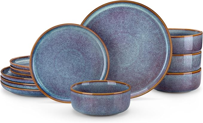 vancasso PLAYA Plates and Bowls Sets, 12 Pieces Grey-Blue Dinnerware Sets by vancasso