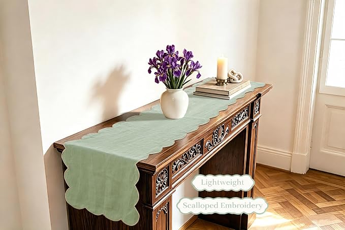 100% Natural Linen Rustic Scalloped Embroidery Table Runner 72 Inches Long - Image 3