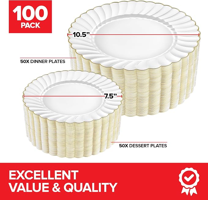 Stock Your Home 100 Pack – Elegant Ivory & Gold Scalloped Plastic Plates – - Image 2