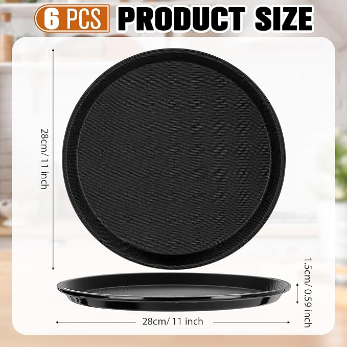 Zopeal 6 Pieces Black Round Restaurant Serving Tray, Plastic Non Slip Surface - Image 2