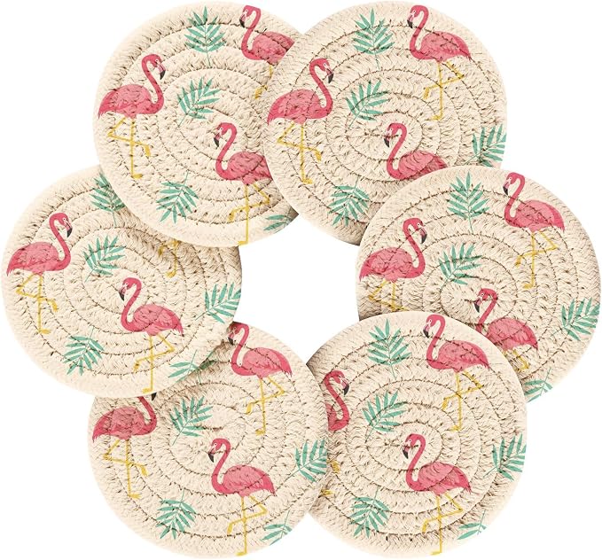 Tropical Flamingos Leaves White Print Coasters - Image 2