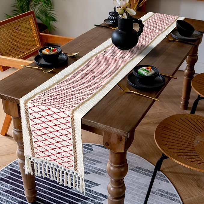 EMMTEEY Macrame Table Runner Boho Style 94 Inches Long, Hexagonal Red | Handmade - Image 7