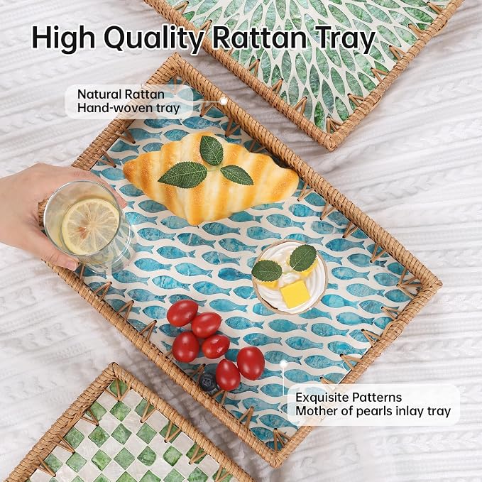 Rectangle Rattan Tray with Mother of Pearl Inlay, Rattan Serving Tray with - Image 3