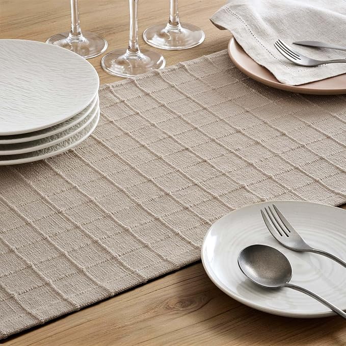 Artisanal Grid Linen Table Runner, 13x72 Inches Oatmeal | Heavy Textured - Image 6