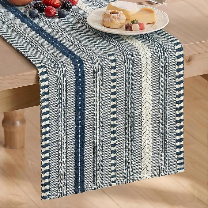 Artoid Mode Dark Blue Farmhouse Stripe Braided Table Runner 12x72 Inch | by ArtoidMode