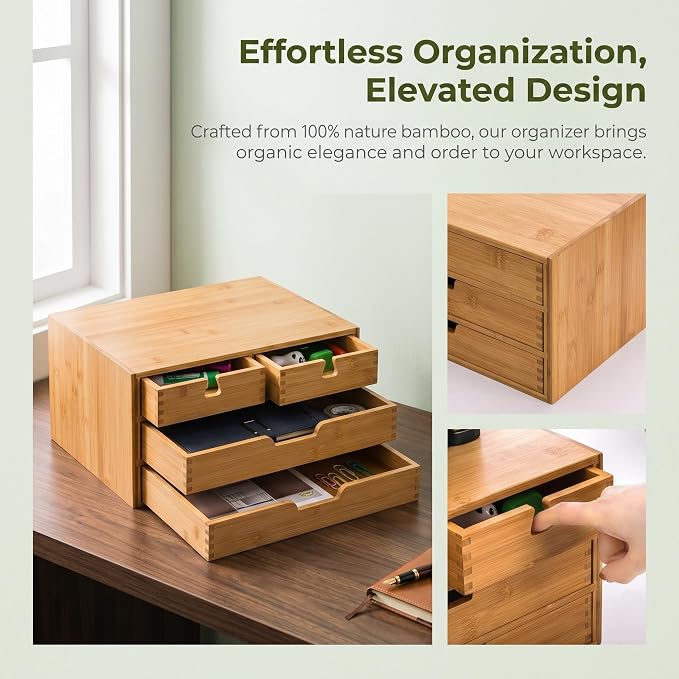 Bamboo Desk Organizer, 100% Natural Bamboo Desktop Drawer Organizer, Tabletop - Image 5