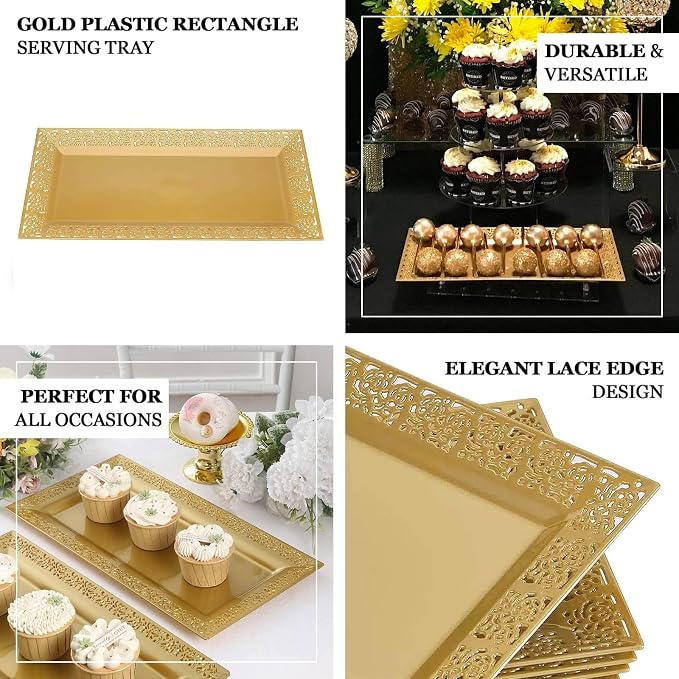 Efavormart 4 Pack | 14" Gold Lace Print Rectangular Plastic Serving Trays - Image 4