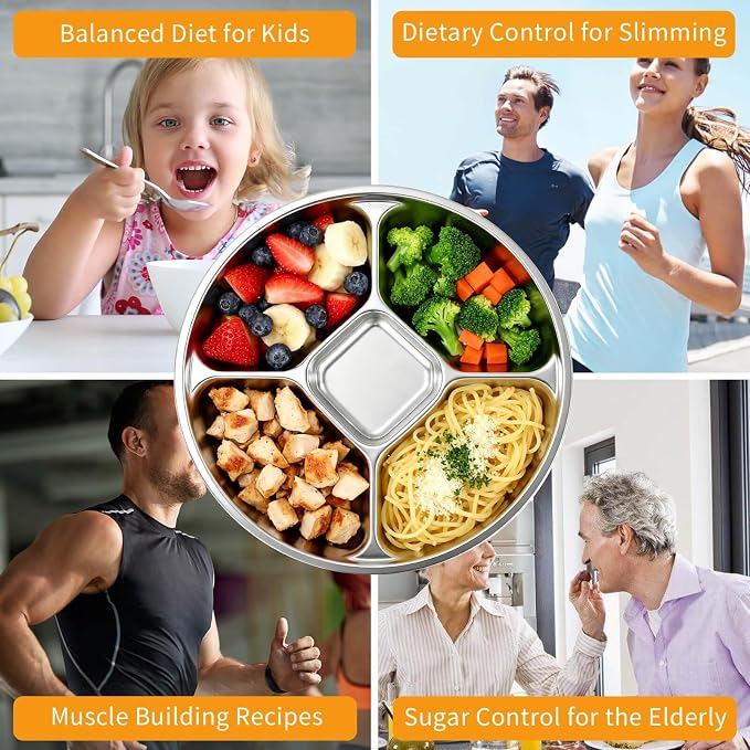 5 Compartments Stainless Steel Kids Plates | 8.8'' Round Metal Toddler Divided - Image 8