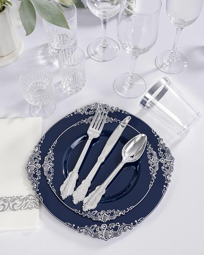 175pcs Blue and Silver Plastic Plates - Image 4