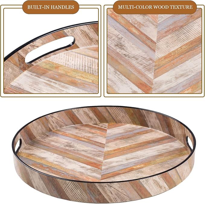 13" Round Decorative Tray, Faux Wood Serving Tray - Image 3