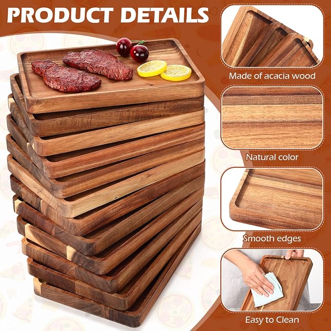 Roshtia 12 Pcs Acacia Wood Serving Tray Rectangular Wooden Serving Platter - Image 3