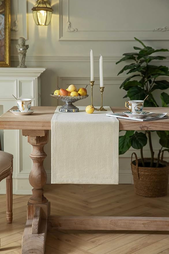 Burlap Style Farmhouse Table Runner, 14x60 Inches Cream | Thick Durable Fabric - Image 2