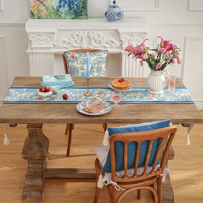 Patdrea Designer Vintage French Linen Table Runner, Elegant Blue Floral Pattern - Image 7