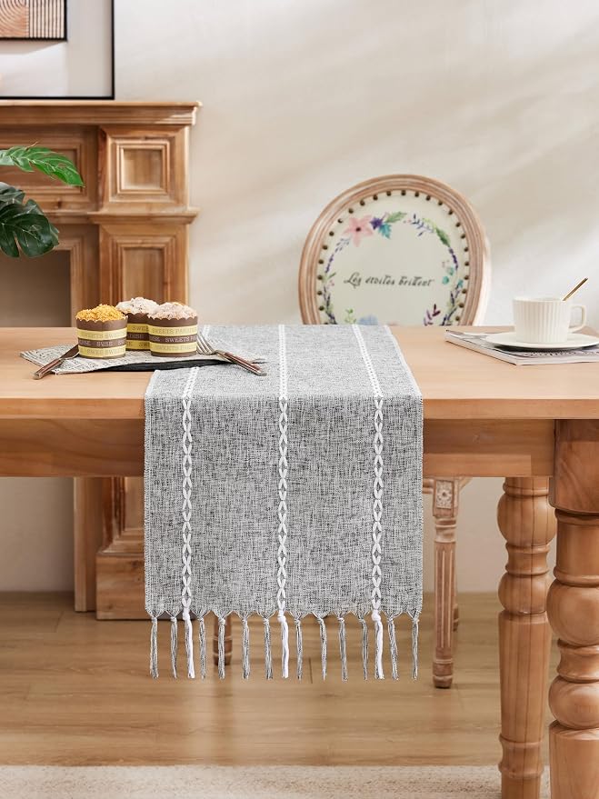 Braided Farmhouse Table Runner, Braided Charcoal 13x108 Inch, Cotton Linen - Image 2