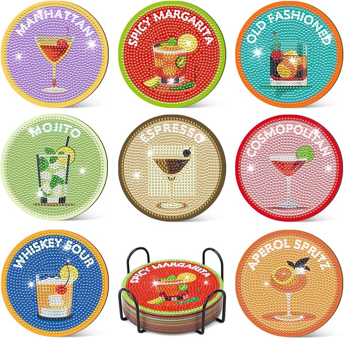 8 Pcs Boho Diamond Art Painting Coasters Holder Cocktails | Abstract Diamond by Ovveroche