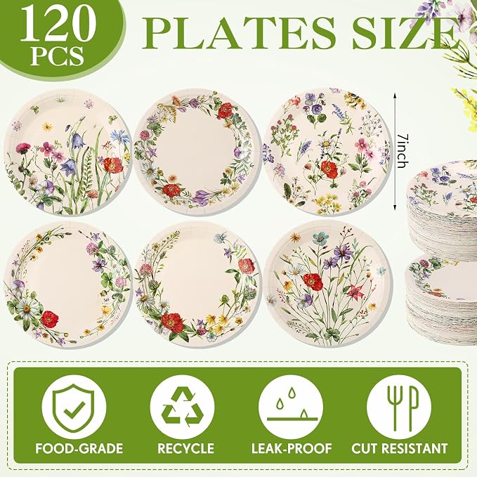 120 Pcs Vintage Wild Floral Paper Plates 7 Inch Floral Plates, Fall Summer - Image 3
