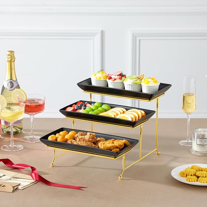 MALACASA 3 Tier Serving Trays for Party, 12 Inch Porcelain Black Trays for - Image 8