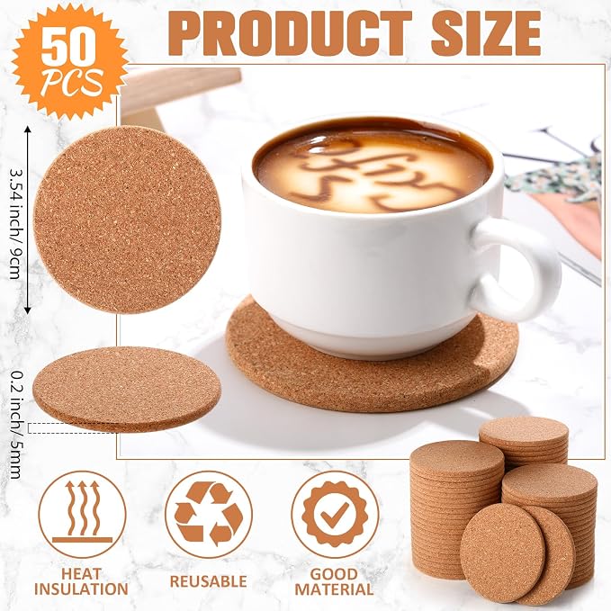 Lallisa 50 Pcs Cork Coasters for Drinks, Thick Absorbent Cork Coasters Bulk - Image 2