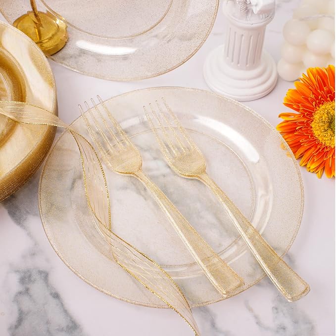 WELLIFE Gold Glitter Plastic Plates, 50 cups and 50 forks - Image 4