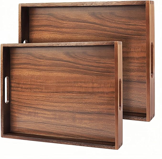 2Pack Acacia Wooden Serving Tray17x12 Nesting Ottoman Trays - Image 9