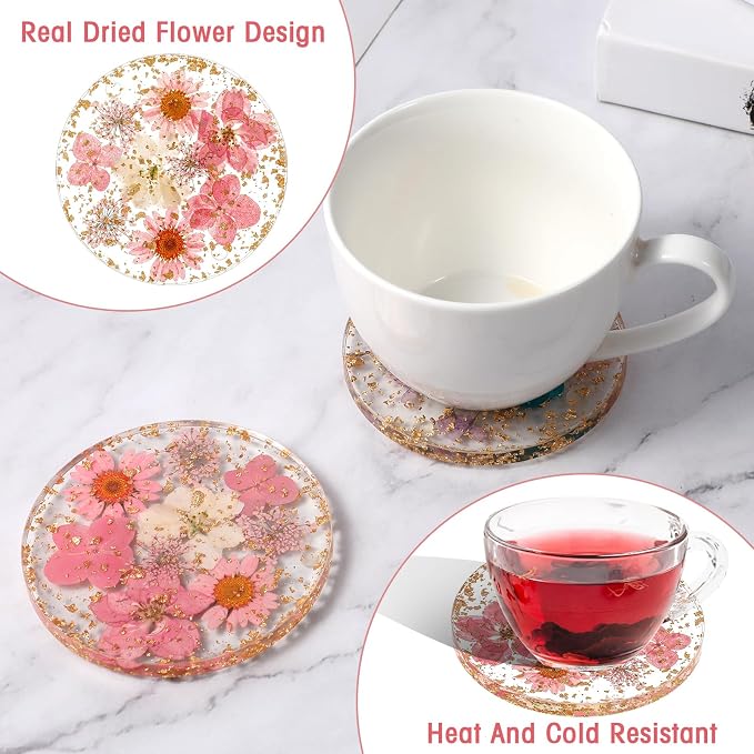 Amabro Dried Flower Drink Coasters, Floral Resin Drink Cup Mat Set of 2 - Image 5