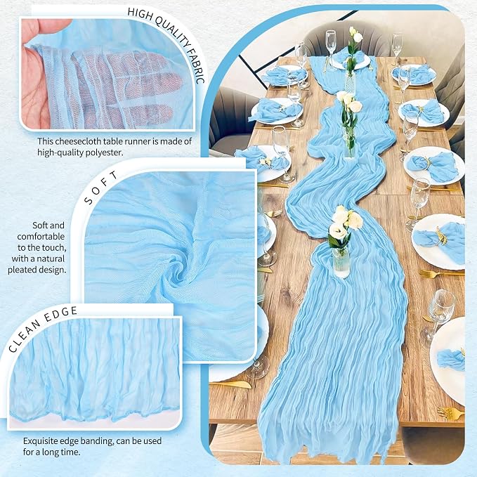30 Pack Cheesecloth Table Runner 10FT Baby Blue Table Runner Light Blue Boho - Image 3