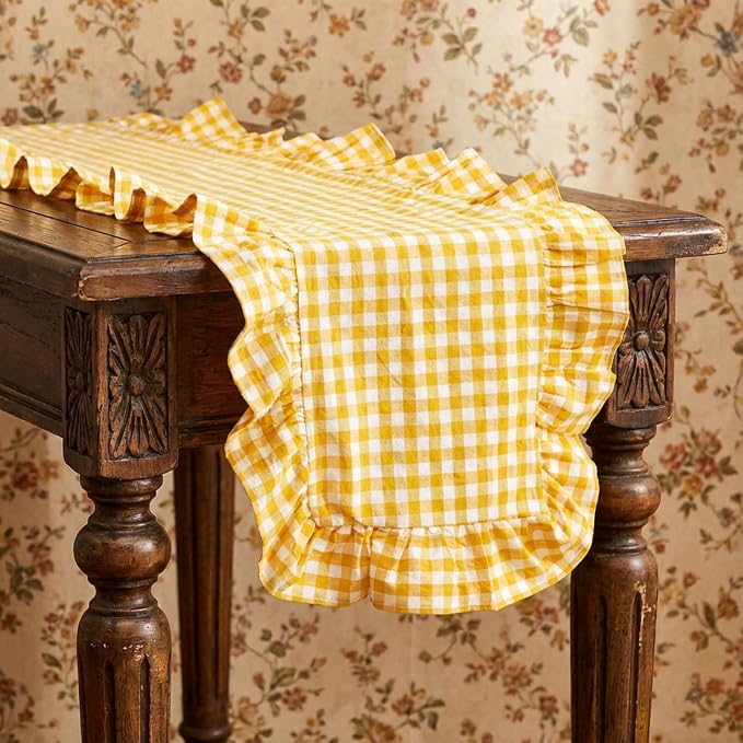HunnmingRe 1 Pc Gingham Table Runner Yellow, 72 X 13.8 Inch | Cotton Dresser by HunnmingRe