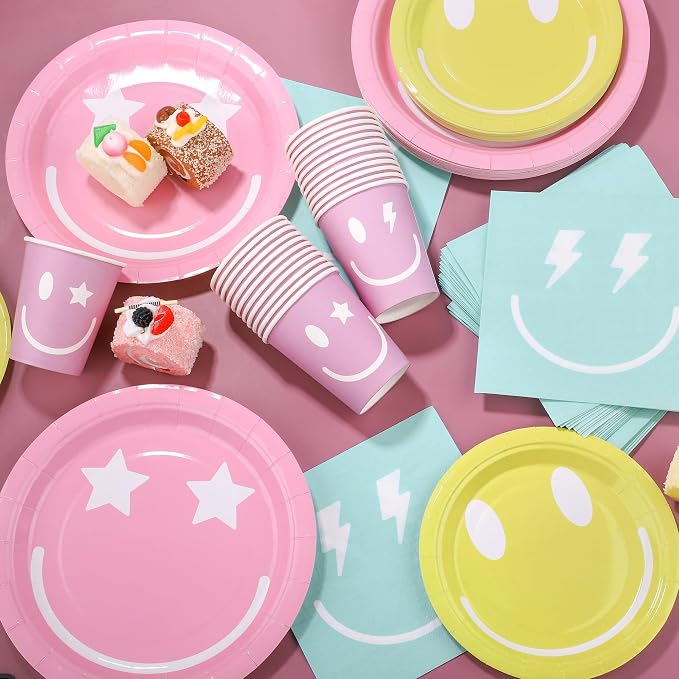 Kochorie 96 Piece Preppy Smiley Face Party Paper Plates Preppy Smile Face Party - Image 4