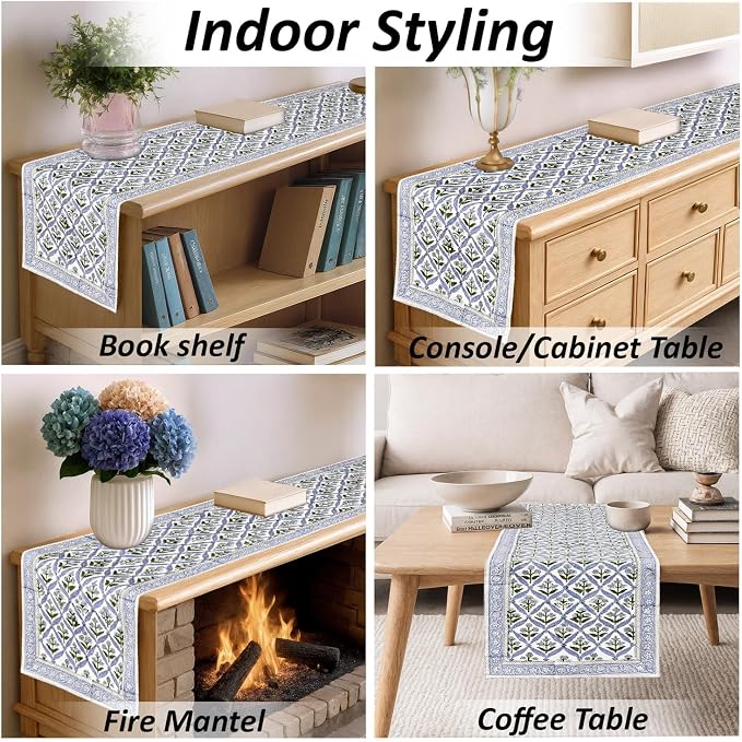 Light Steel Blue Hand Block Print 100% Cotton Table Runner 16x106 in | Perfect - Image 6