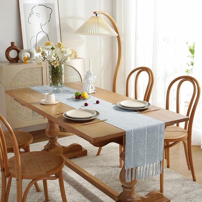 Wracra Rustic Linen Table Runner, Dusty Blue Table Runners 72 inches Long | - Image 3