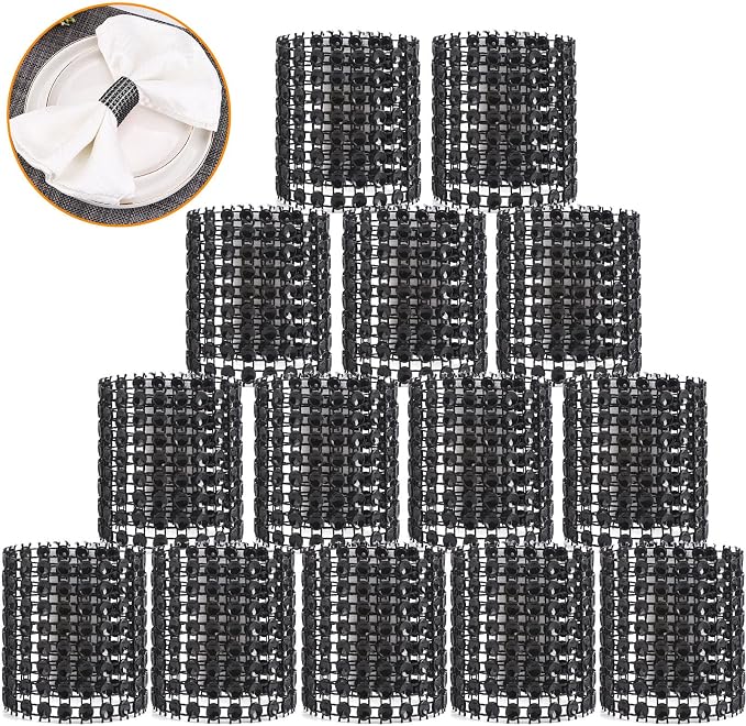 Black Napkin Rings Bulk Set of 150pcs, Diamond Crystal Rhinestone Napkin Rings by Wotoban