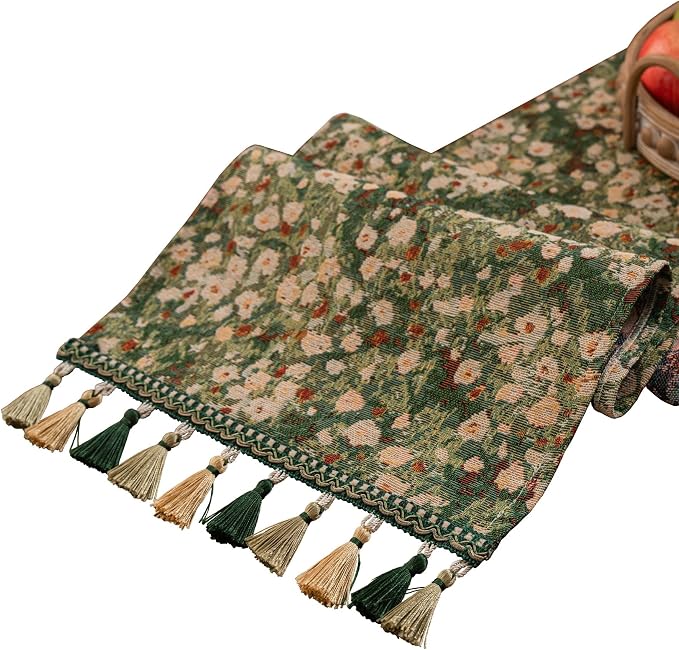Ditsy Floral Table Runner Daisy Green 13 x 79 Inch | Jacquard Weave Flower by HomeyHo