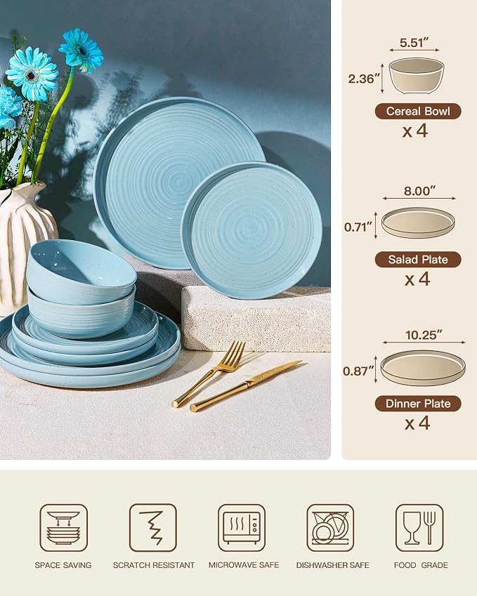 Dinnerware Set for 4, Ceramic Plates and Bowls, Ice Blue | 12 pcs Speckled - Image 6