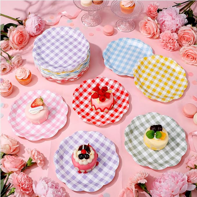 120 Pcs Gingham Paper Plates 7 Inch Pastel Party Dessert Plates, Spring Gingham - Image 4