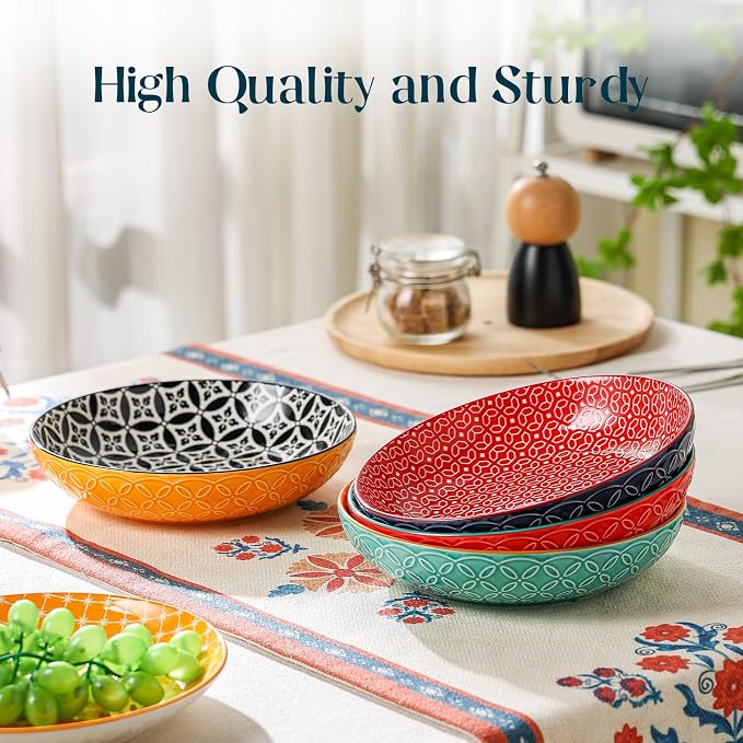 DOWAN 8.5" Vibrant Pasta, Salad & Soup Serving Bowls Set of 4, Embossed Large - Image 7