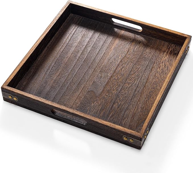 Serving Tray with Handles, Wood Decorative Tray, Square Large Serving Platter | by Hanber