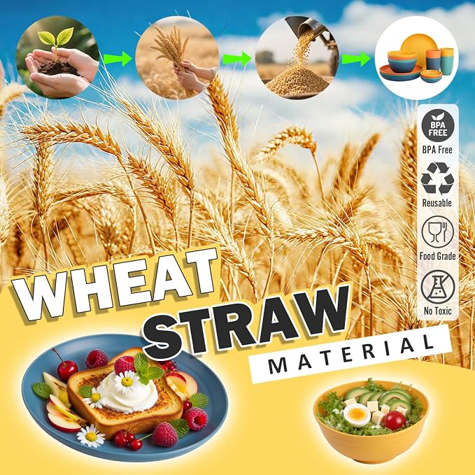 Wheat Straw Dinnerware Sets, Unbreakable Plates and Bowls Sets of 16, Kids - Image 6