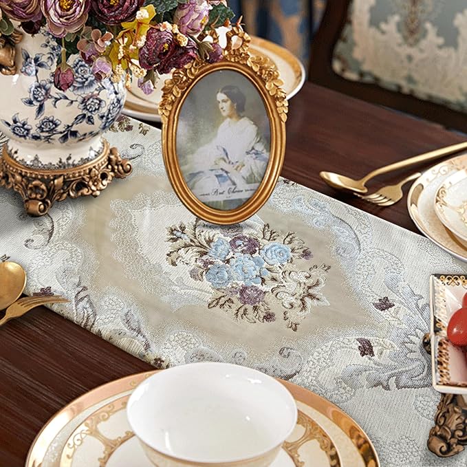 Luxury Damask Table Runner 72 Inches Long Beige Chenille Jacquard European | - Image 5