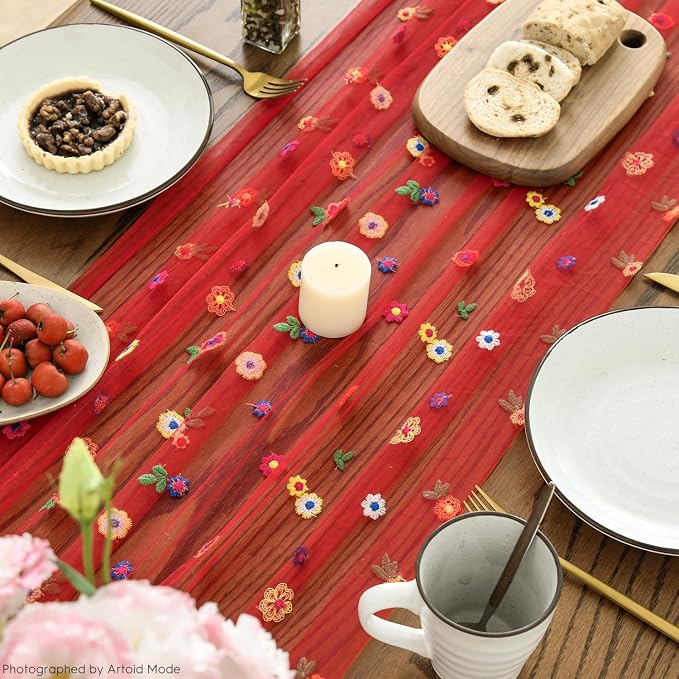 Artoid Mode 3PCS Red Embroidery Daisy Gauze Table Runner 120 Inch 10FT | - Image 4