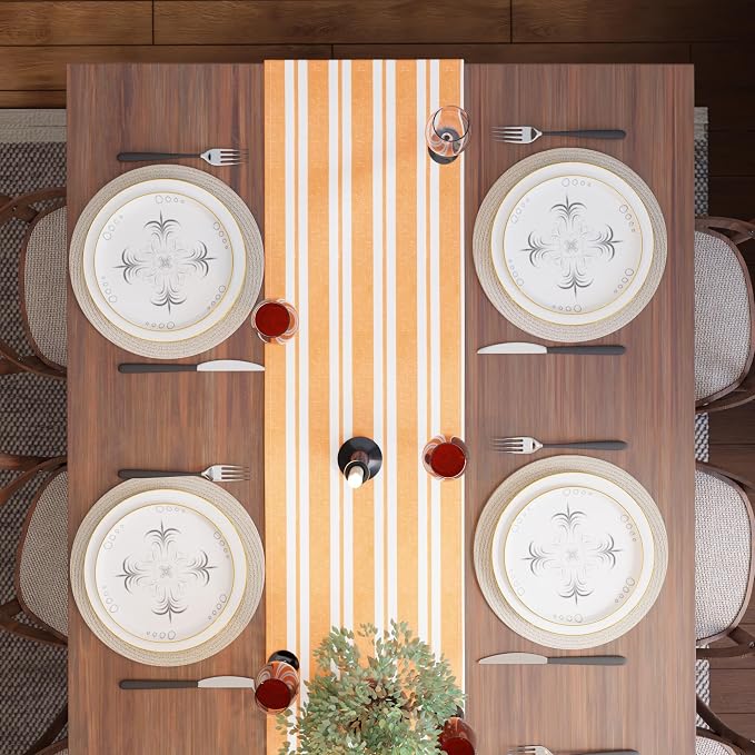 Encasa XO Table Runner, Woven Cotton Dining Runner 13"x94" Franca Yellow Stripes - Image 5