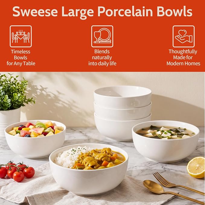 Sweese 24 oz Ceramic Cereal Bowl Set of 4, Round Serving Bowl - Image 5