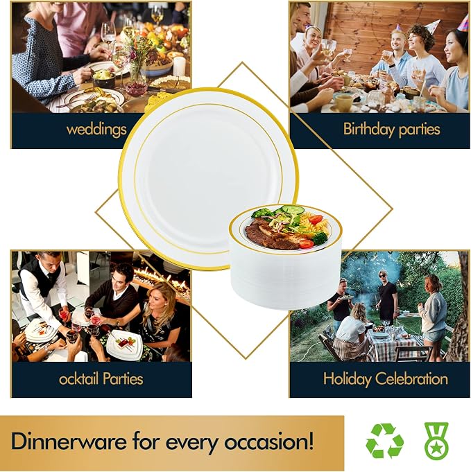 Vplus 100 Pack 10 in Gold Rimmed White Disposable Plastic Plates - Image 5