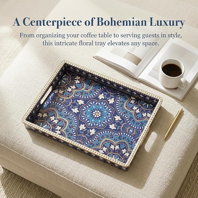 Boho Serving Tray with Handles, Large Rectangular Decorative Ottoman Tray with - Image 6