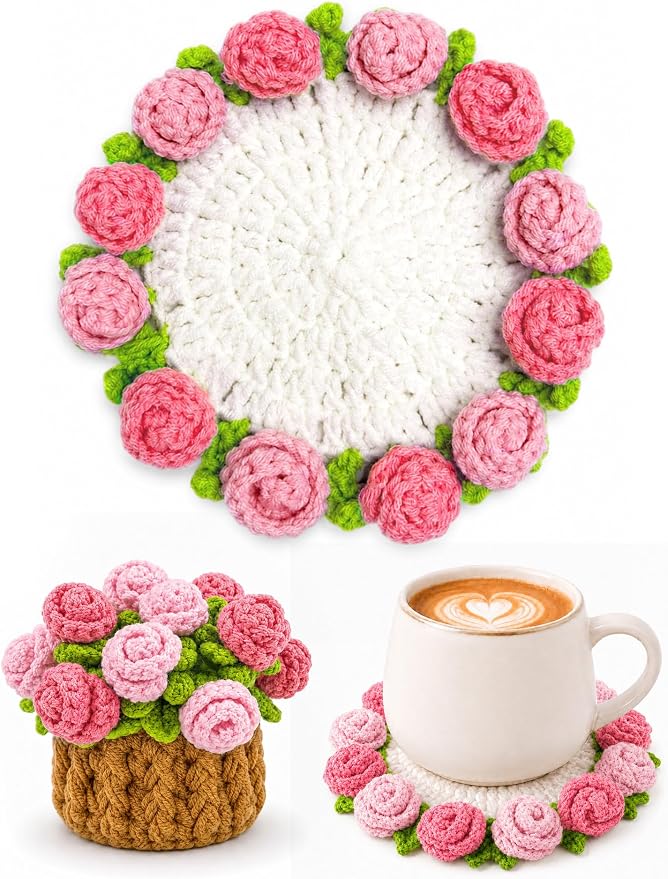 Crochet Flower Bouquet Coasters, Cotton Rose Gifts by KQJS