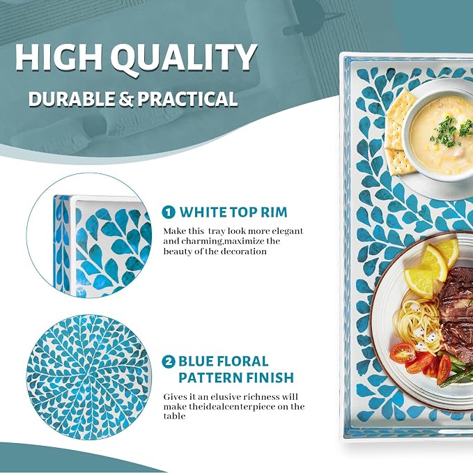 Plastic Serving Tray with Handles, Rectangle Blue Decorative Tray | Coffee - Image 4