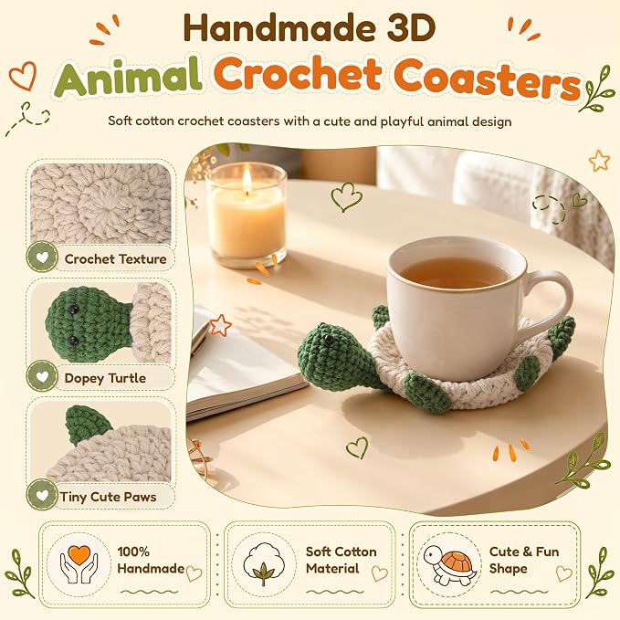 Handmade Crochet Coasters, Fun 3D Animal Flippable Drink Coasters Cute Soft Cup - Image 4