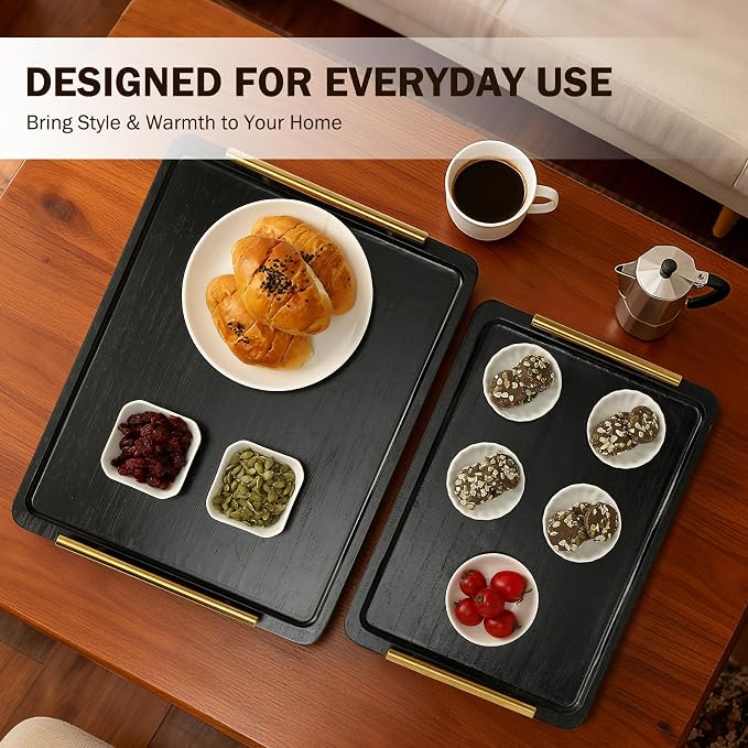 PEKER Wooden Serving Tray with Metal Handles, Ottoman & Home Décor, Wooden Food - Image 6