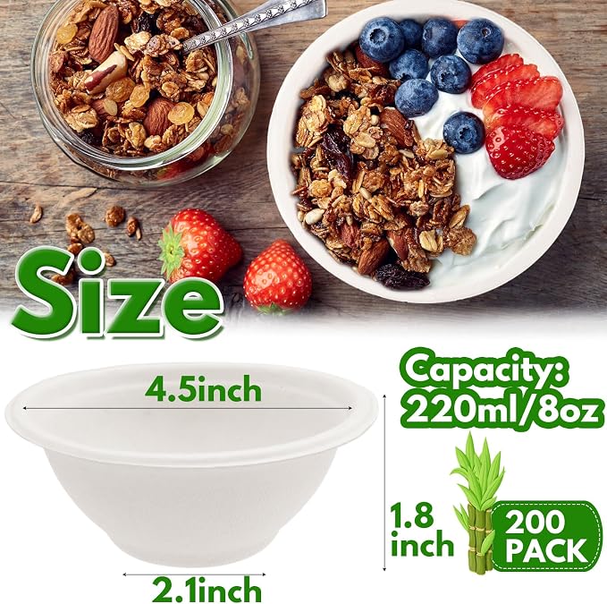 Tiaiidi 200 PACK White Paper Bowls, 8 oz Compostable Disposable Bagasse Bowls - Image 2