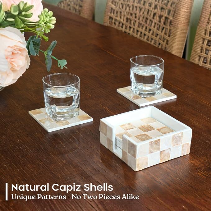 4" Capiz Shell Mosaic Square Coasters Set 6 - Image 2