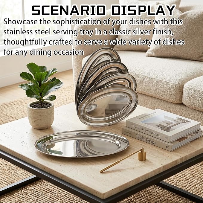 4 Pcs Stainless Steel Serving Tray, 11.8" 12.6" 13.4" 15.7" Heavy Duty Metal - Image 4